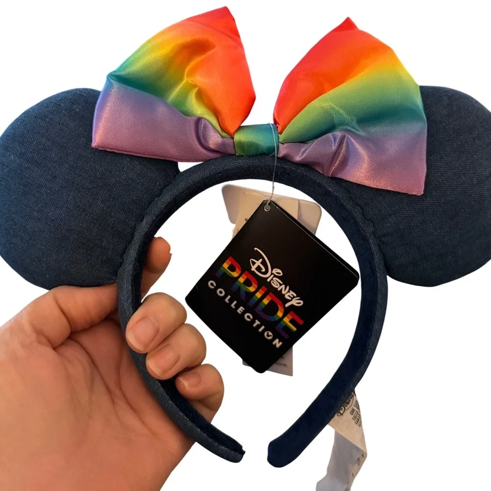 Disney Minnie Mouse Ears Headband Pride Collection Blue Rainbow Denim Bow New